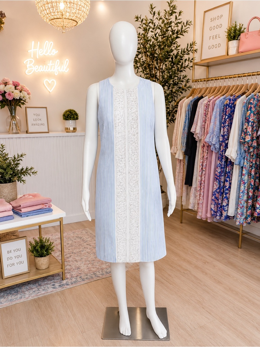 London Times Light Blue and White Sleeveless Midi Dress with Center Lace Trim